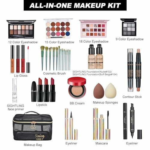 Comprehensive makeup kit with eyeshadows, lip gloss, lipsticks, brushes, foundation, sponges, contour sticks, BB cream, makeup bag, eyeliner, and mascara.