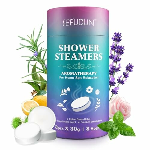 Aromatherapy shower steamers packaging with herbs and flowers.