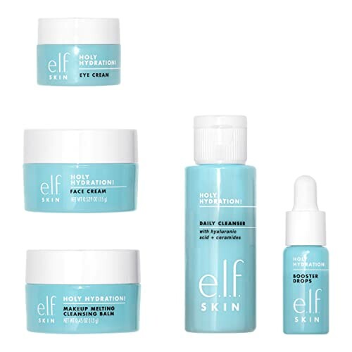 e.l.f. Skin care products including eye cream, face cream, cleanser, cleansing balm, and booster drops