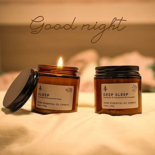 Two essential oil candles labeled 'Sleep' and 'Deep Sleep' on a bedside table.