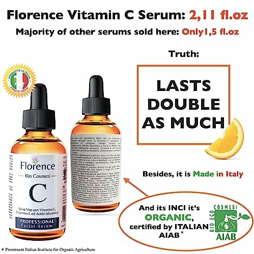 Florence Vitamin C Serum bottle with text about size and organic certification.