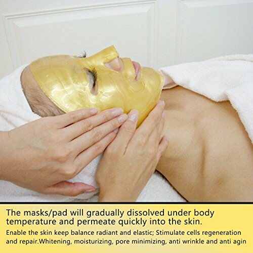 Person receiving a gold facial mask treatment.