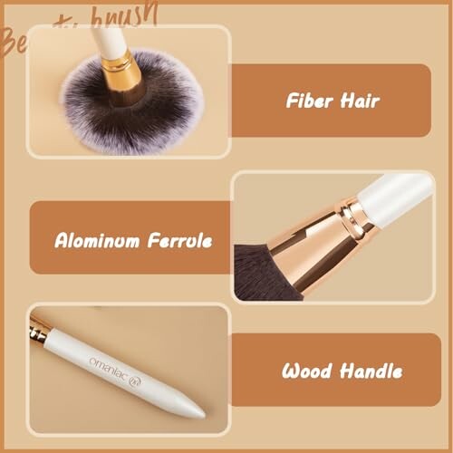 Details of a makeup brush with fiber hair, aluminum ferrule, and wood handle.