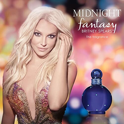 Perfume ad featuring a blonde woman with a colorful background.