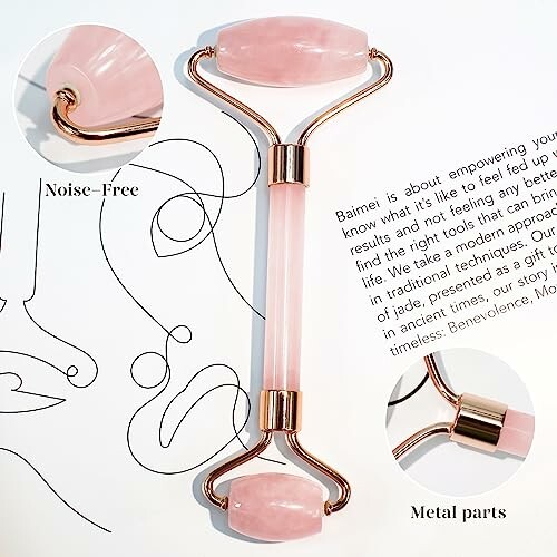 Pink facial roller with metal parts and descriptive text.