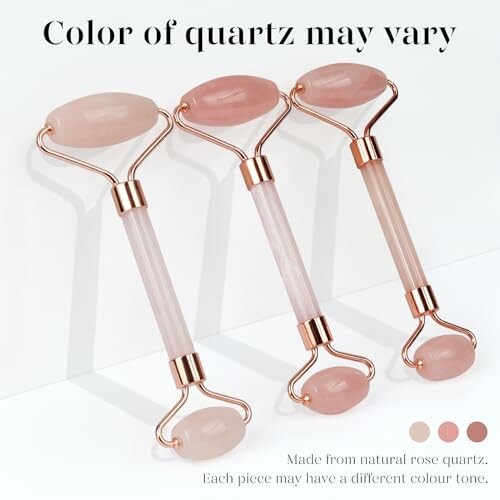 Three rose quartz face rollers with varying shades.