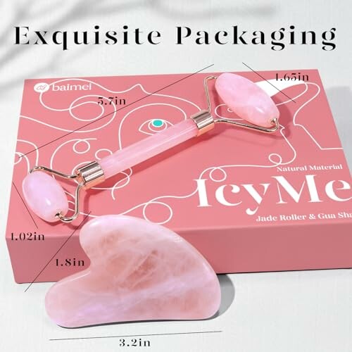 Rose quartz jade roller and gua sha set with packaging.