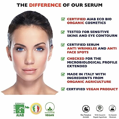 Woman with text highlighting features of a certified organic and vegan serum.