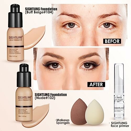 Sightling foundation before and after comparison with makeup sponges.