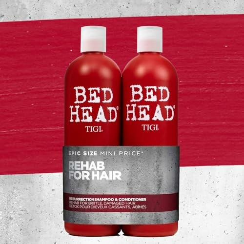 TIGI Bed Head shampoo and conditioner bottles on a red and white background.