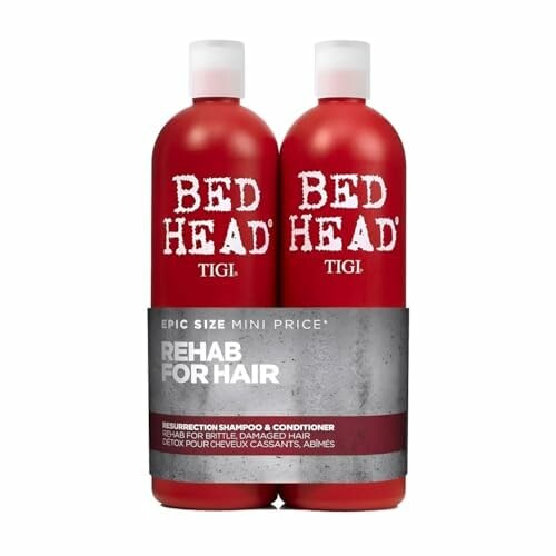 TIGI Bed Head shampoo and conditioner bottles for damaged hair.