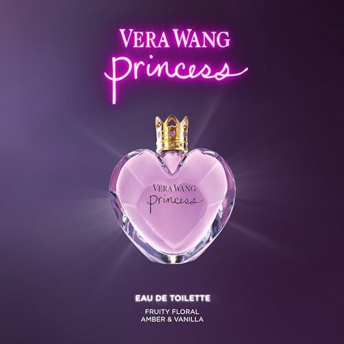 Vera Wang Princess perfume bottle with crown cap on purple background.